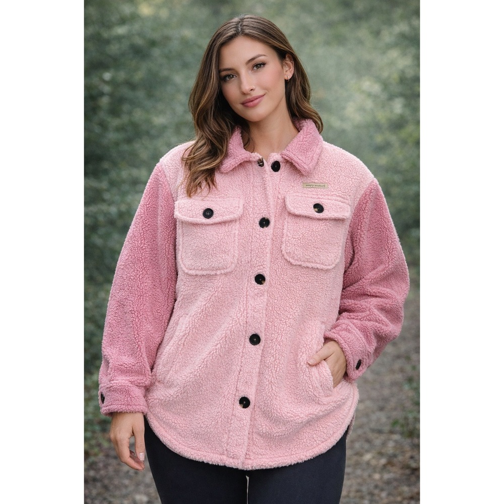Simply Southern Pink Colorblock Sherpa Shacket Fleece Jacket Womens‎ Medium